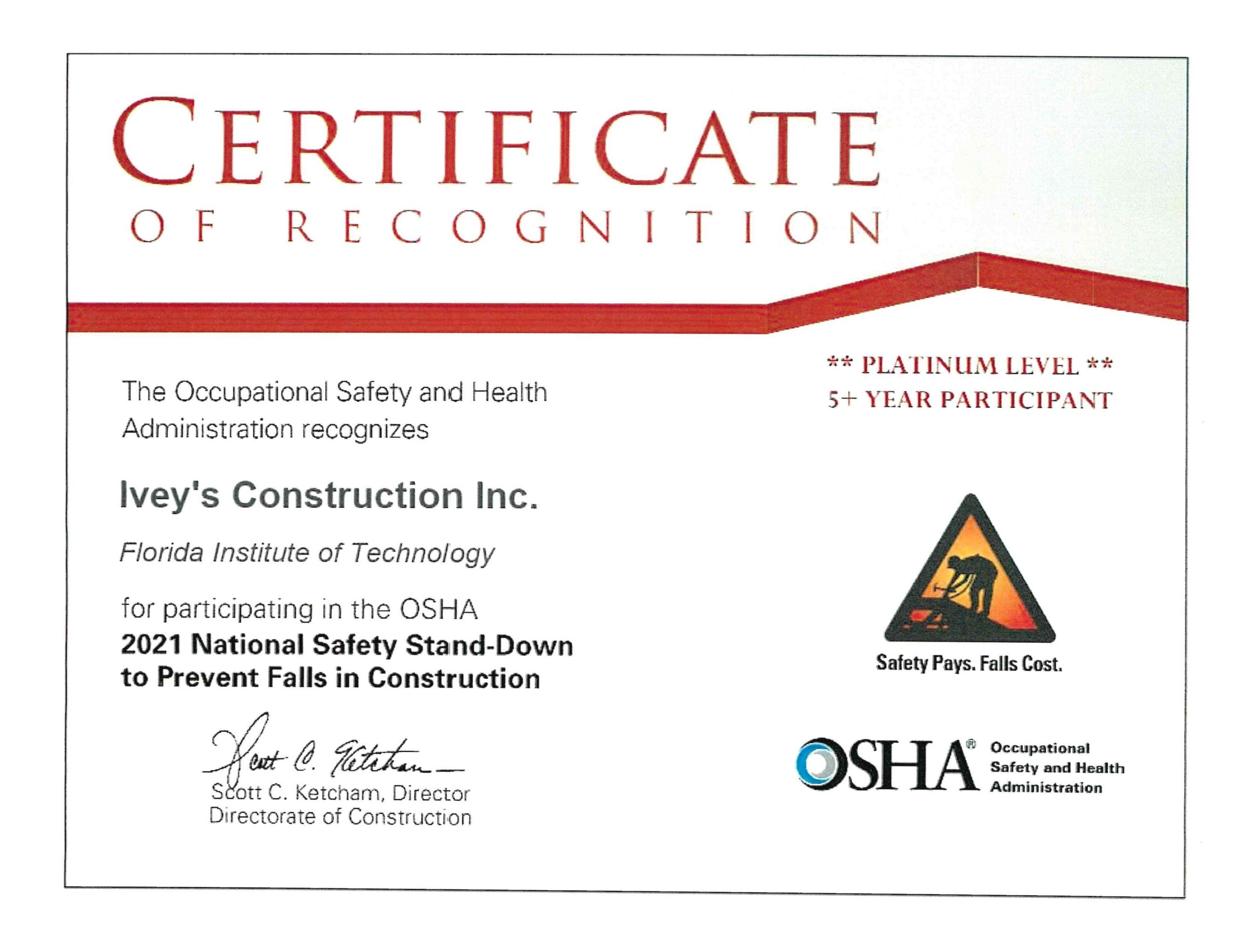 Certificate of Recognition- 2021 National Safety Stand-Down to Prevent ...